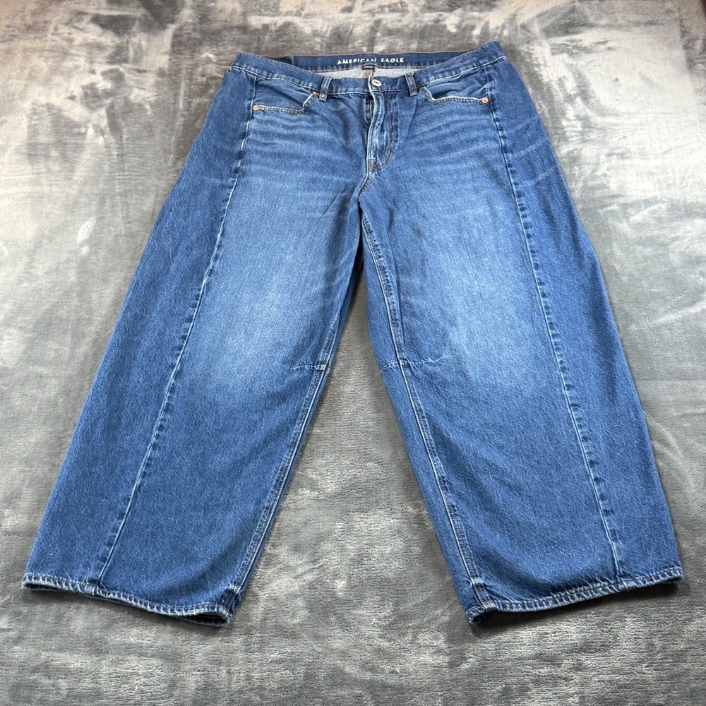 American Eagle Dreamy Drape Barrel Jeans Womens 12 High Rise Strigid Denim